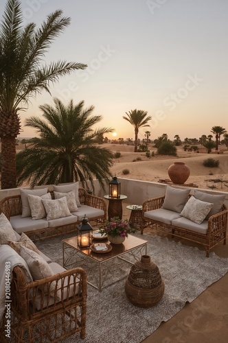 Sunset Gathering Space With Furniture and Plants in Sandy Desert Location