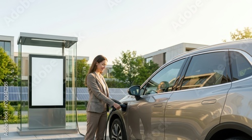 Happy business woman smiling while charging her modern electric vehicle at an urban station with solar panels