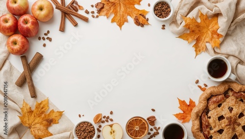 Gathering of Autumn Flavors With Apples, Cinnamon, and Pie on White Background