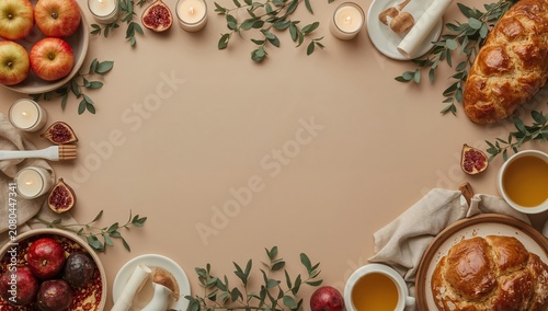 Gathering of Food and Fruits on a Table With Candles and Greenery for a Share...