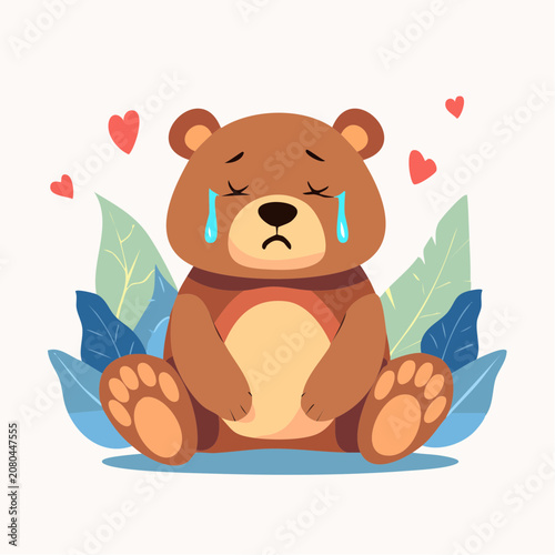 Sad crying bear illustration with hearts and leaves