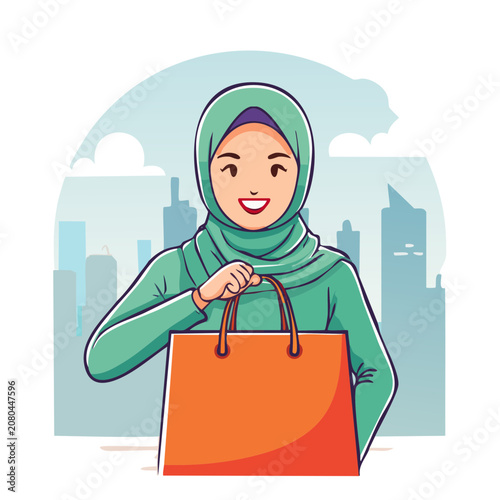 Woman in hijab holding shopping bag with city skyline background