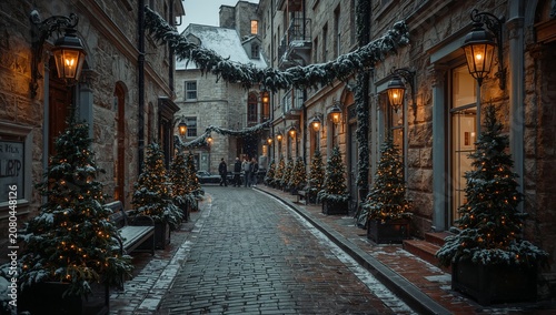Snowy Street With Festive Decorations During Winter in a Historic Town