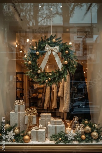 Christmas Display With Wreath, Gifts, and Clothing in Store Window During Hol...