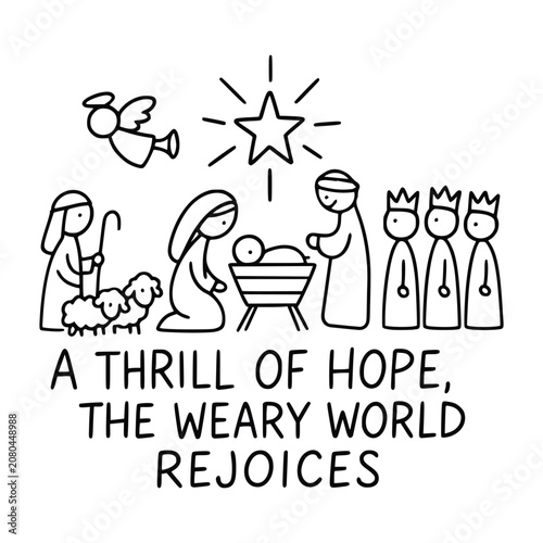 Cute Nativity Scene Line Art Vector Illustration with Christmas Quote 