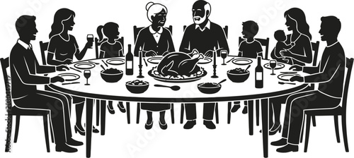 Big Extended Family Having Thanksgiving Turkey Dinner Vector Silhouette