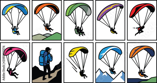 Set of paragliding icons featuring people flying with parachutes in various outdoor landscapes.