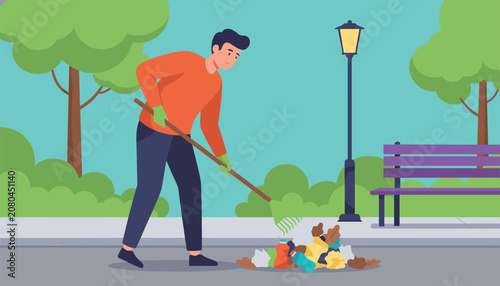Dedicated young volunteer cleans up a city park by raking fallen leaves and plastic waste into a pile.
