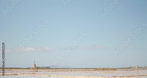 Panoramic view of the wetlands Saline di Trapani e Paceco, salt production, 4k