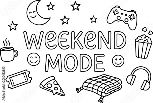 Hand-drawn vector illustration of weekend relaxation with coffee, gaming, snacks, and cozy elements