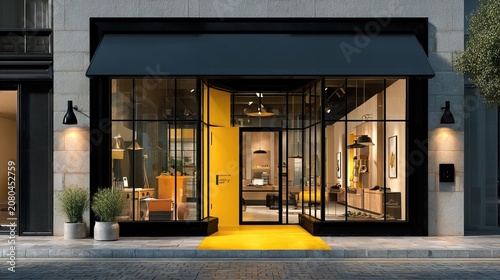 Modern storefront with glass facade and inviting entrance.