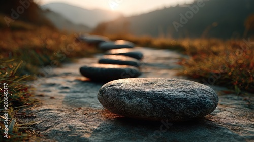 Serene Mountain Stream with Smooth Stones and Autumn Foliage.