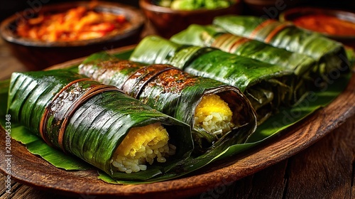 Traditional Asian Sticky Rice and Banana Leaf Wraps Displayed on Wooden Plate.