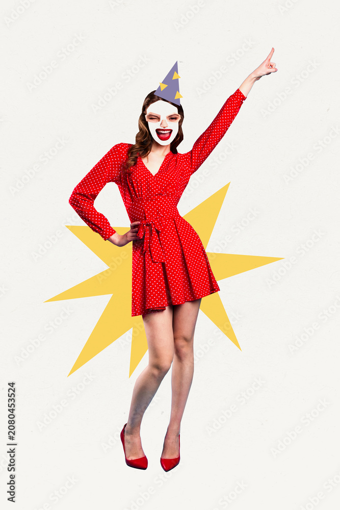 Fototapeta premium Woman in red polka dot dress wearing a party hat and mask celebrating with a bold pop art starburst background