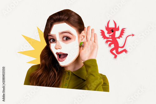 фотографія Woman listening with surprised expression to a devilish whisper collage, symboli