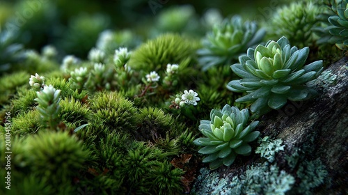 Close-up of Succulent Plants and Green Moss in Nature Scene.