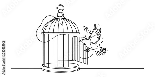 Canvastavla Continuous single line drawing of a bird flying out of an open metal cage repres