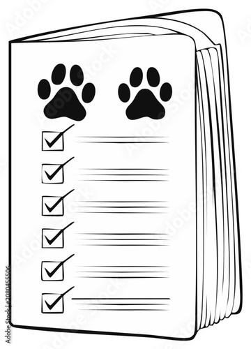 Checklist for pet care, paw print icon.  Vector illustration in doodle style for veterinary