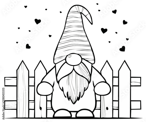 Whimsical garden gnome with pointed hat and beard stands behind a wooden fence with small hearts floating