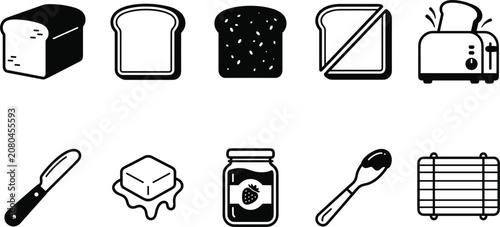 Schilderij op canvas Breakfast Toast and Sandwich Making Icon Set with Bread Loaf, Slices, Toaster, B