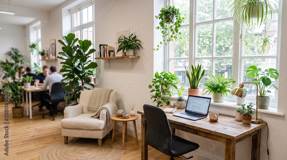 Fototapeta premium Modern office space with abundant natural light and lush green plants creating a serene and productive atmosphere