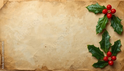 There is a paper with holly leaves and red berries on it