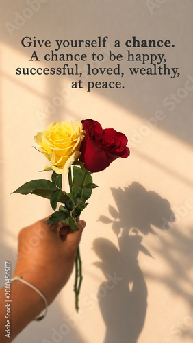 Inspirational motivational quote - Give yourself a chance to be happy, successful, loved, wealthy, at peace. With two red yellow roses in hand with aesthetic shadows on a wall background. Self love.