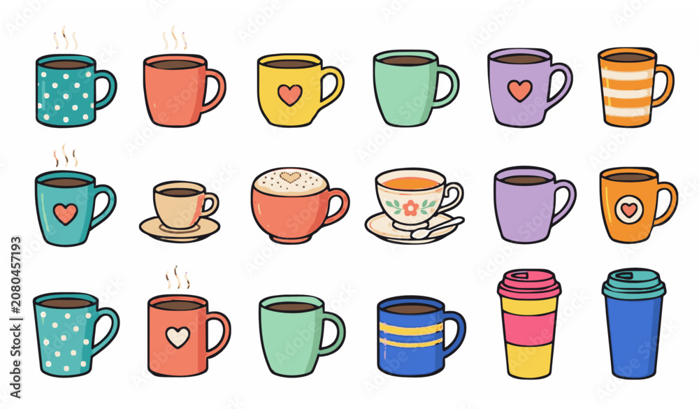 Fototapeta premium Cartoon Mug Icons Set Collection