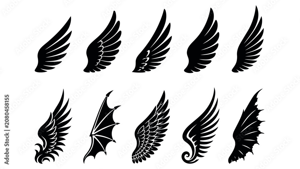 Fototapeta premium Vector illustration of various wing designs angel bat and fantasy wings