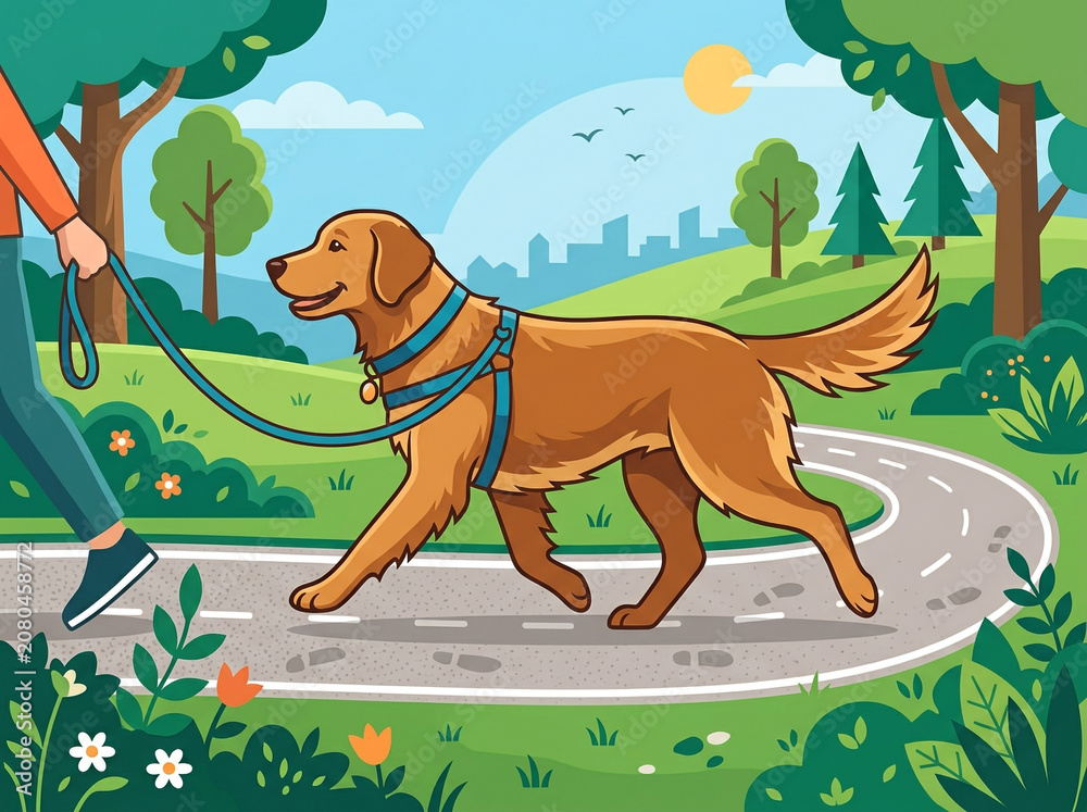 Fototapeta premium Happy Golden Retriever Dog Walking Along Scenic Pathway Near City