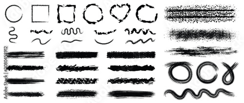 Set of hand drawn sketch. Grunge spray marks and splattered textures for text backgrounds or stencil effects. Vector Collection