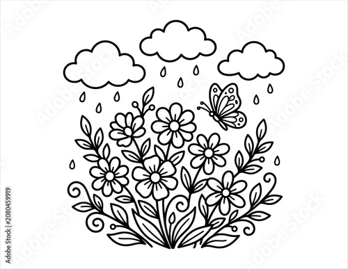 Hand drawn black and white floral bouquet with butterfly and raindrops under clouds
