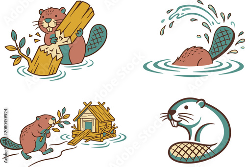 Fotografía Cute Cartoon Beaver Mascot Character Sticker Set Chewing Wood Splashing Water an