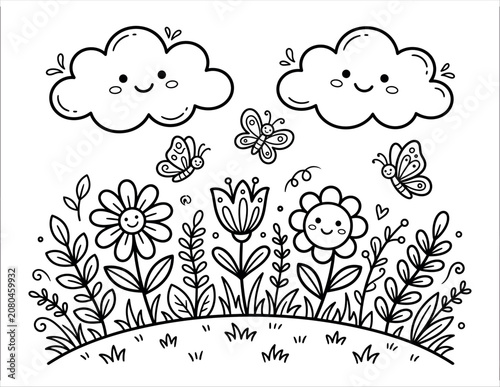 Cute black and white illustration of happy clouds, flowers, and butterflies in nature