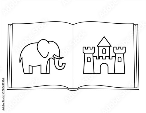 Open coloring book with elephant and castle line art on blank pages for creativity