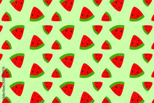 Seamless pattern of cute watermelon slices on green background vector illustration