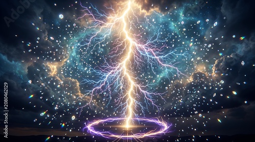 雷雲と星空から放たれる強力なゴールドの稲妻と飛び散るクリスタルの幻想的な風景