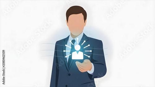 Businessman in suit presenting glowing person icon surrounded by nodes and lines, representing network connection and individual profile, white background.