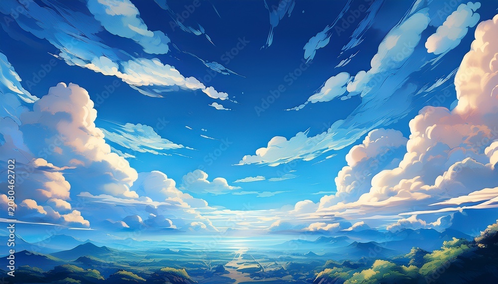 Fototapeta premium Dramatic Blue Sky With Clouds In Anime Style Perfect For Backgrounds