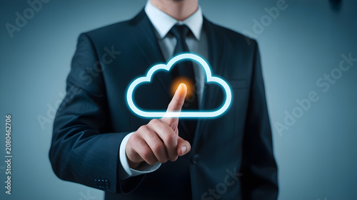 Corporate professional touching neon cloud icon representing data storage network security online infrastructure and modern digital computing technology.