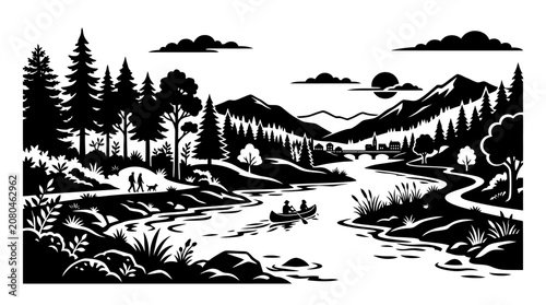 Cuadro en lienzo Scenic River Landscape with Mountains, Trees, and Kayakers