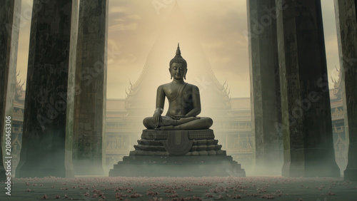 Buddha statue in misty temple courtyard. Sacred Buddhist meditation scene. Spiritual peace and enlightenment. Ancient sanctuary background.