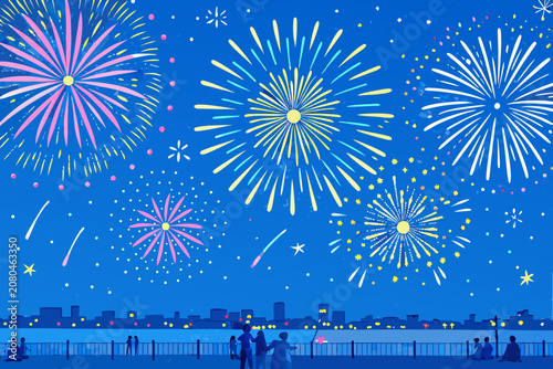 Bild auf Leinwand Fireworks Display Over City Silhouette Vector Illustration