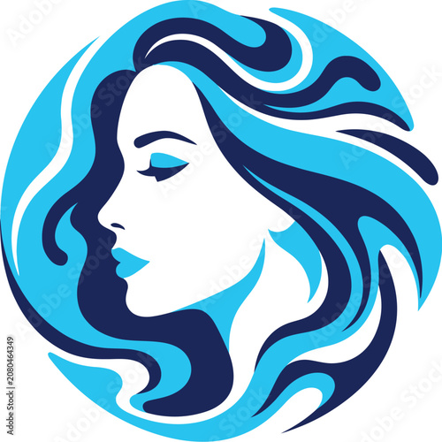 ​Elegant Woman Face Profile with Blue Wavy Hair Water Logo Vector