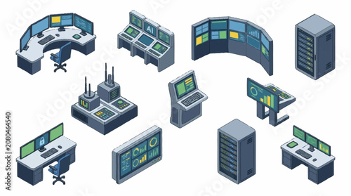Isometric Technology Workstation and Server Room Setup.