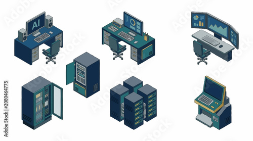 Isometric office computer workstations and servers setup.