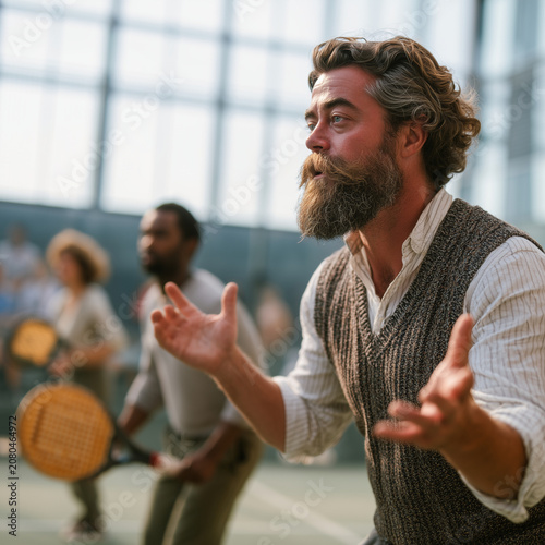 Bearded man gestures animatedly on vintage tennis court. Other players hold wooden rackets in soft background blur. Scene suggests lively, nostalgic sporting moment. Ideal for vintage sports