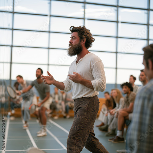 Bearded man gestures in a gymnasium. Audience watches from benches, focused and engaged. Natural light floods through high windows. Athletic setting, casual attire, warm tones