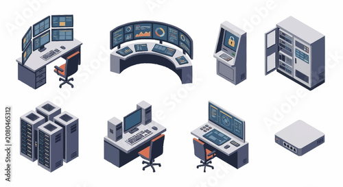 Isometric Vector Illustration of Modern Computer Workstations and Servers.