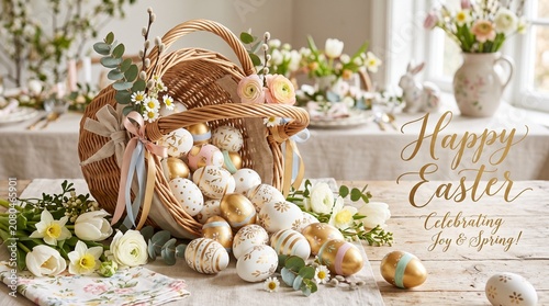 Easter eggs spilling from basket on table with flowers